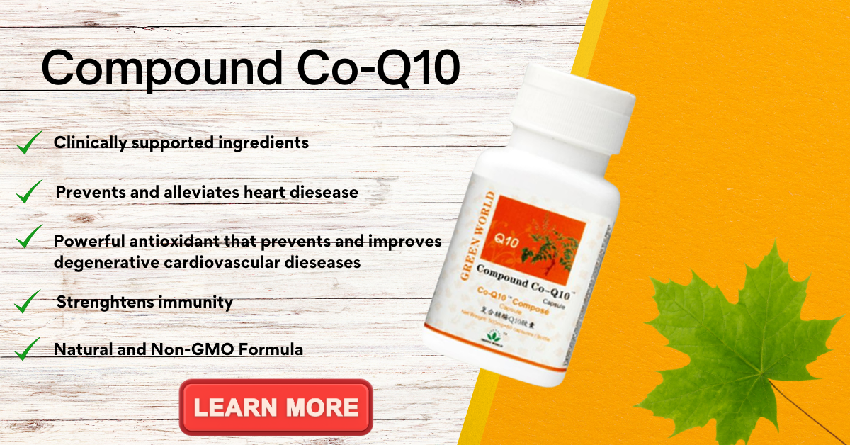 Green World Compound Co-Q10 Capsules for heart health, improved metabolism, and enhanced immunity.